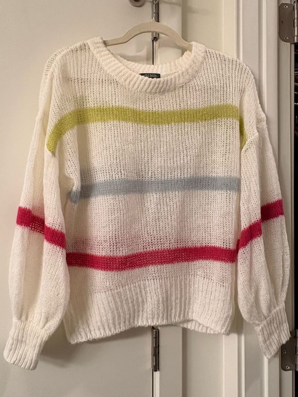 wild fable White Crewneck Sweater with Pink, Yellow, and Light Blue Stripes